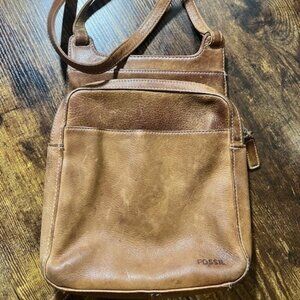 Fossil Brown Leather Crossbody Organizer Bag Multiple Compartments
